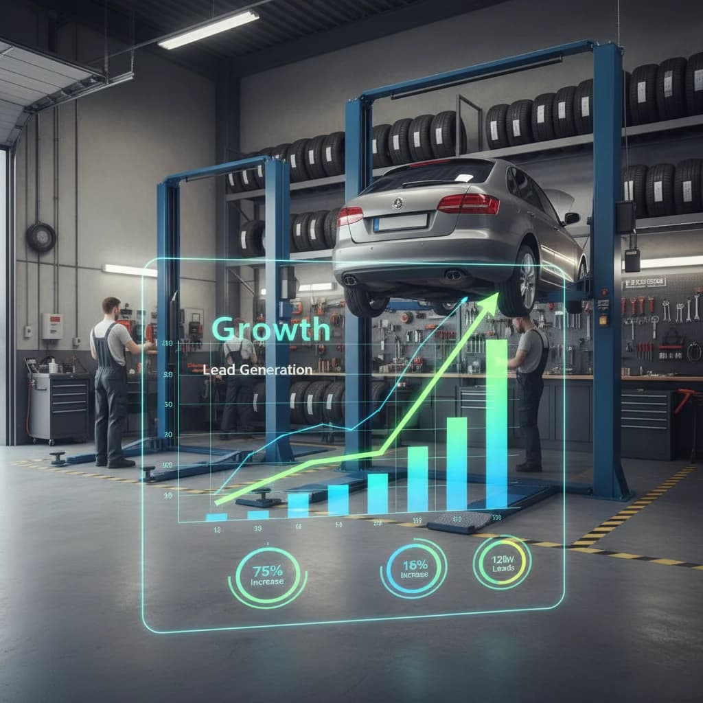 A tire repair shop with a digital overlay showing Google Ads analytics charts and graphs, representing growth and lead generation. The image should be vibrant, professional, and free of text or competitor branding. Focus on a clean, modern aesthetic.