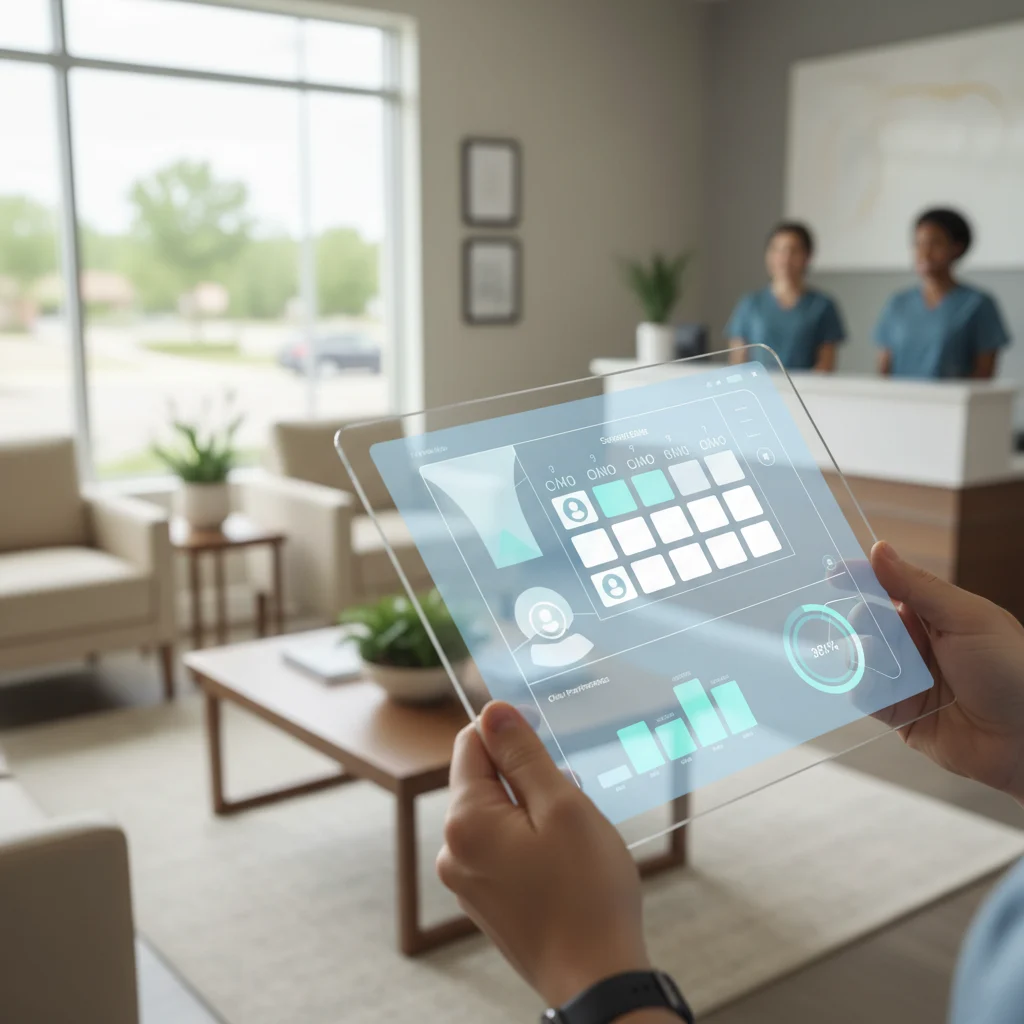 Modern, clean, and professional digital interface displaying patient scheduling and clinic information, with a blurred background of a calm, well-lit urgent care waiting room. Focus on technology and seamless user experience, no text on screen, no chaotic or emergency scenes.