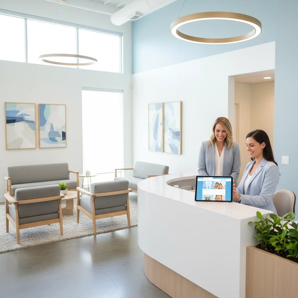 A modern, clean, and professional dental office reception area with a smiling receptionist interacting with a patient, both looking at a tablet showing a well-designed dental website. The image should be bright, inviting, and free of text or scary instruments.