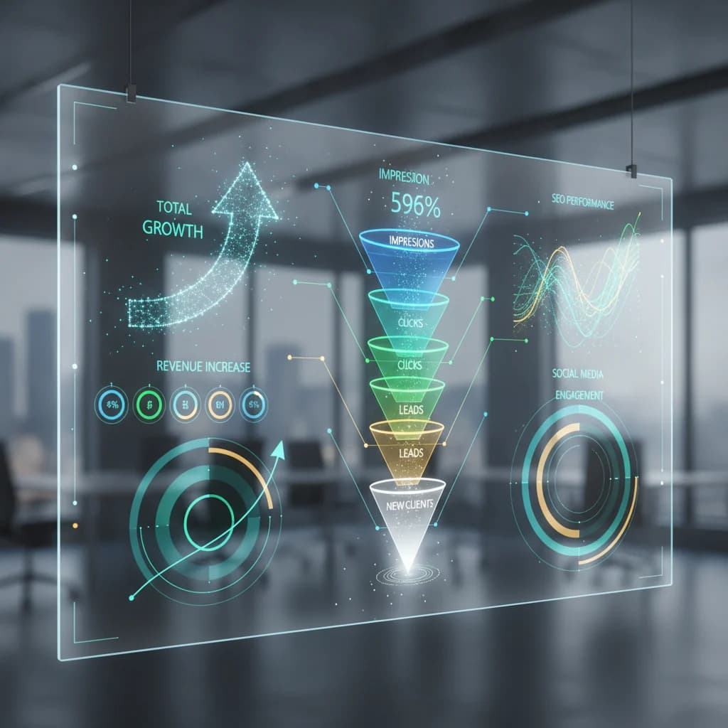 A professional, modern digital marketing dashboard displaying positive growth metrics and conversion funnels for a law firm, with abstract data visualizations, bright and clear, no text overlays, no competitors.
