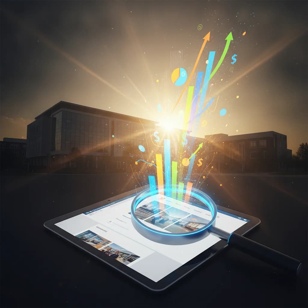 A professional, vibrant image depicting digital marketing concepts, such as a magnifying glass over a website, data analytics graphs, and a subtle school or university building in the background. The image should convey growth and success in the education sector, with bright lighting and no text overlays, competitors, or outdated elements.