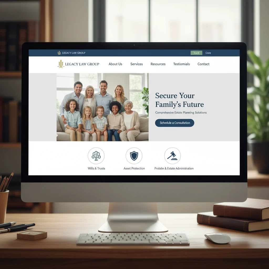 A modern, elegant website interface specifically designed for an estate planning law firm, displayed on a high-resolution monitor. The website features clear navigation, professional imagery of a diverse family, and a prominent call-to-action button for scheduling a consultation. The overall aesthetic is trustworthy and inviting. No text overlays, no low lighting, no competitor branding, professional setting.