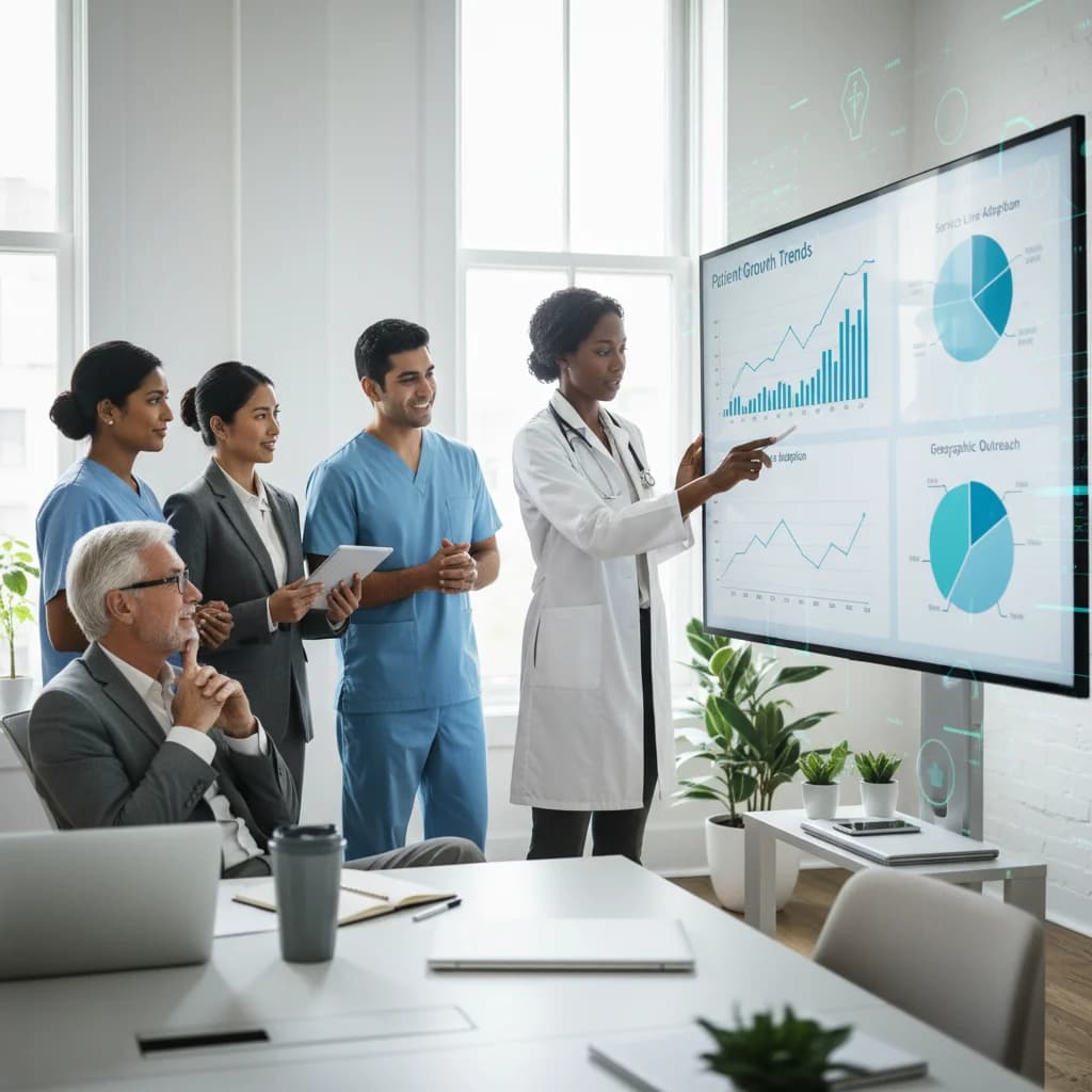 A diverse group of healthcare professionals (doctors, nurses, clinic managers) and digital marketing strategists collaboratively reviewing data and patient growth metrics on a large screen in a modern, clean, and well-lit office. The atmosphere is professional and innovative, with subtle digital graphs and charts in the background. No text, no competitors, no low-lighting, no cartoonish needles, no emergency room chaos.