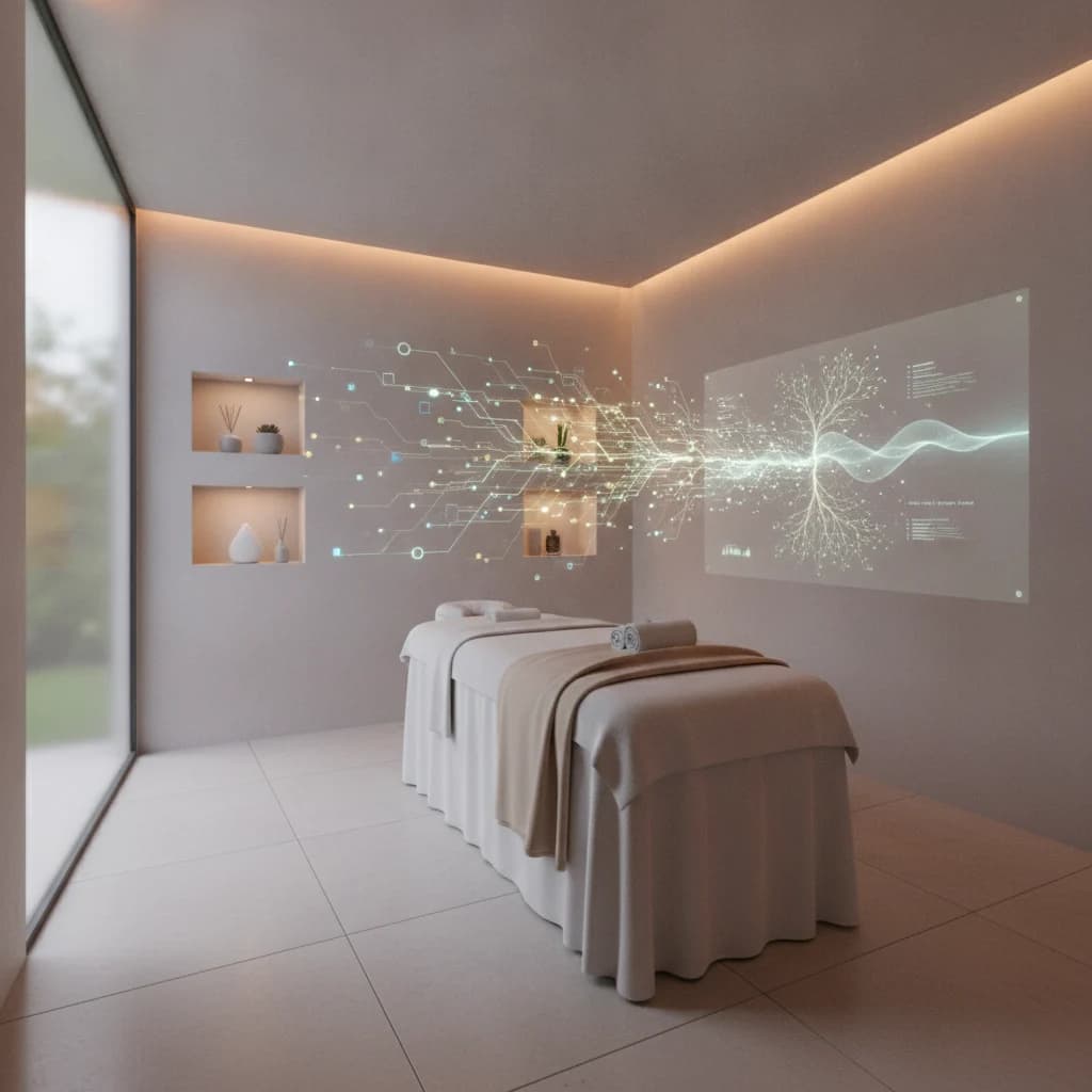 A serene, modern massage therapy room with soft lighting, a massage table, and subtle digital elements overlaid, symbolizing automated growth and technology. No text, no identifiable competitors, no low-lighting, clean and professional aesthetic.