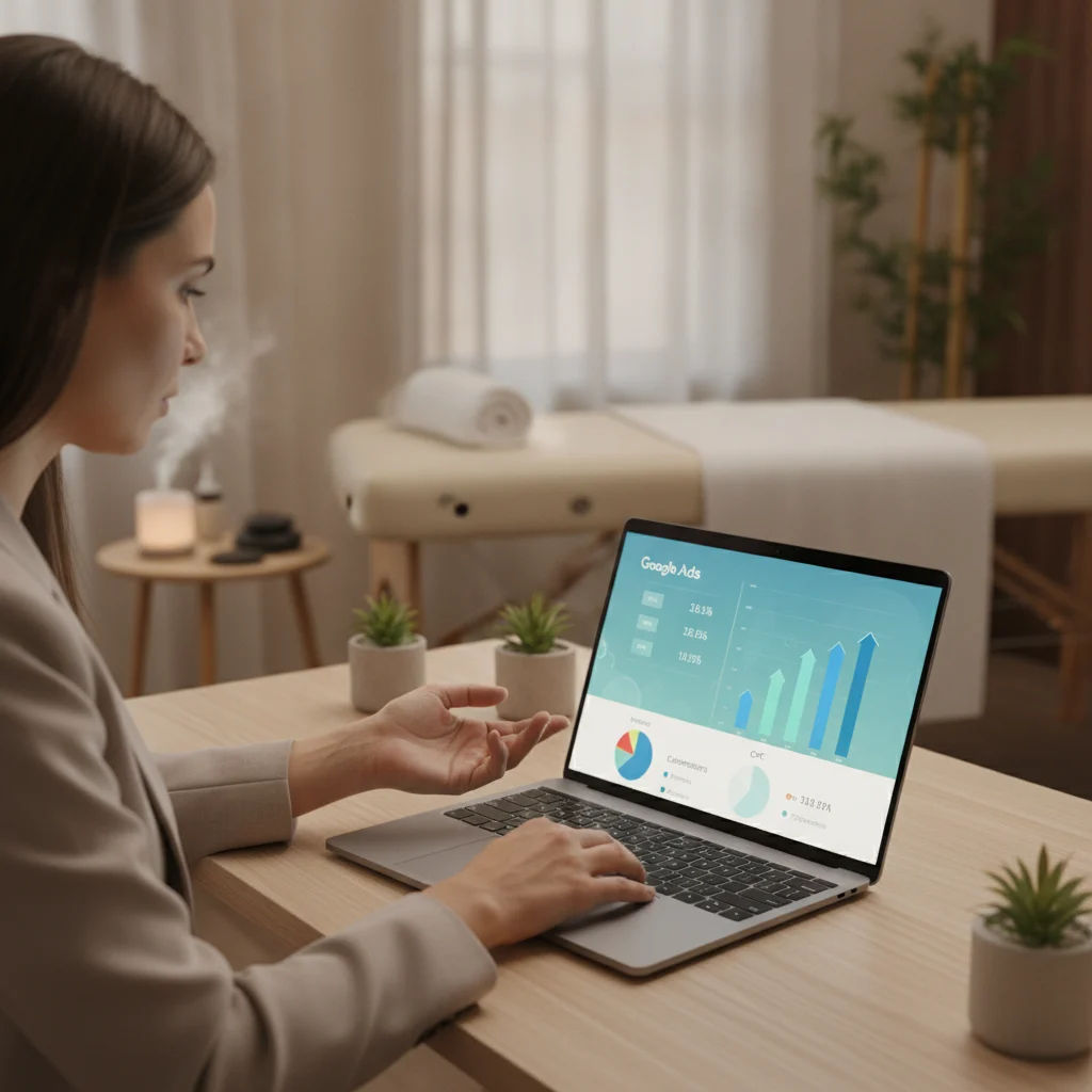 A professional digital marketing expert analyzing Google Ads performance data on a laptop, with a blurred background of a serene massage therapy room. The image should convey growth, technology, and relaxation, with no text and no competitors.