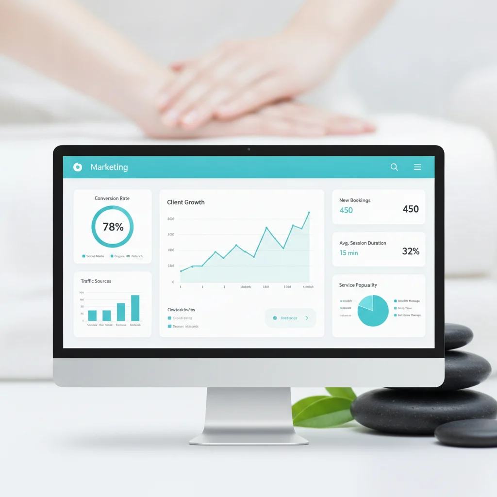 A professional, modern digital marketing dashboard displaying analytics and growth charts, with a subtle background featuring elements related to wellness and massage therapy, like blurred hands giving a massage or calming spa stones. The image should be clean, bright, and free of text or competitor logos.