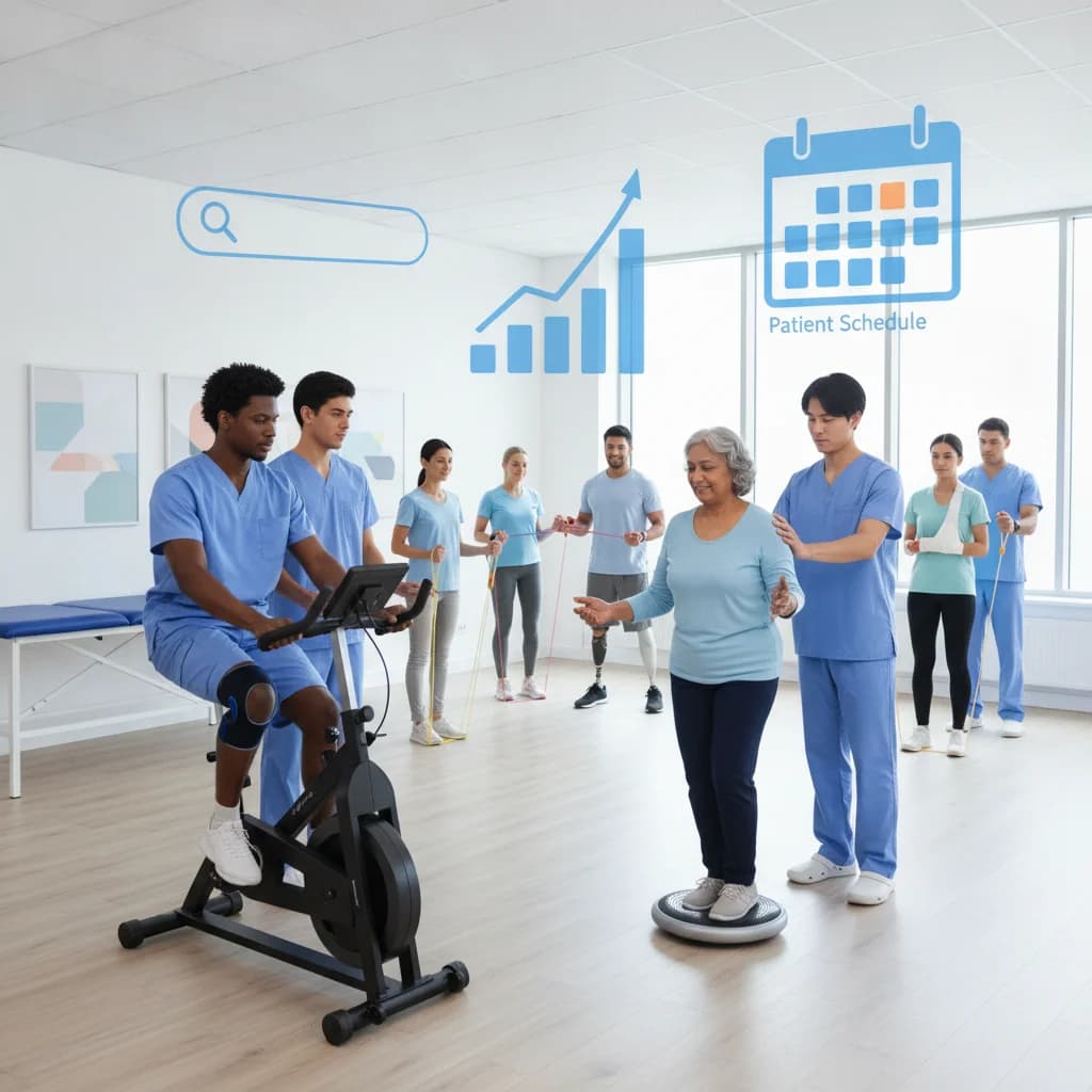 A diverse group of physical therapists and patients engaging in therapy sessions, with subtle digital elements like a search bar, data graphs, and a patient appointment calendar floating above them. The scene is bright, professional, and optimistic, with no text or competitor logos, and clear, even lighting.