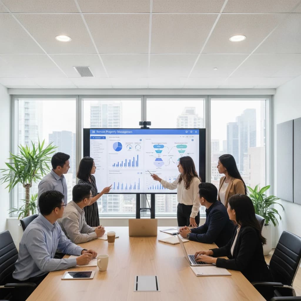 A diverse team of digital marketing professionals collaborating around a large screen displaying website analytics and conversion funnels for a property management client. The atmosphere is modern, collaborative, and focused on data-driven results. NO text overlays, NO text in image, NO competitors, NO low-lighting, NO blurred listings.