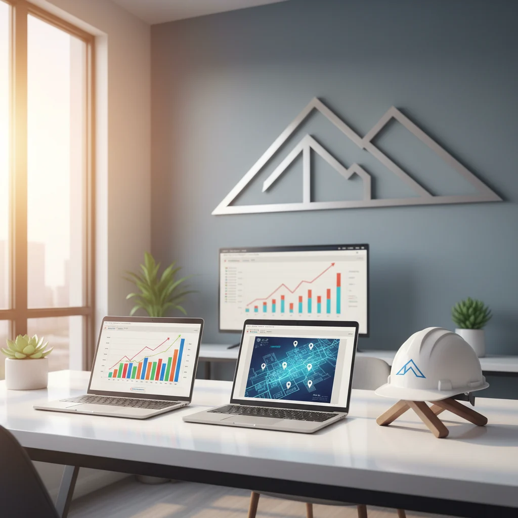 A professional, clean workspace with digital marketing elements like laptops showing analytics graphs and a tablet displaying a local map, subtly integrated with roofing elements like a stylized modern roofline in the background or a small, clean hard hat on a desk. The lighting is bright and optimistic, conveying growth and success. No text, no competitors, no low-lighting, no safety violations, no free standing bathtubs.