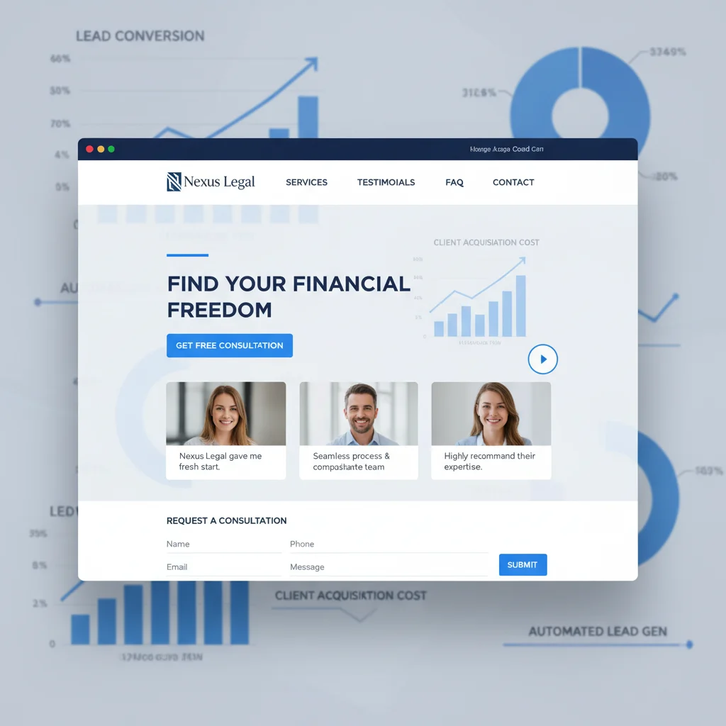 A modern, sleek website interface for a bankruptcy law firm, prominently featuring clear calls to action, client testimonials, and an easy-to-use contact form, with analytics charts in the background demonstrating high conversion rates. The design should be professional and trustworthy, emphasizing user experience and automated lead generation. No text overlays, no competitors, bright lighting.