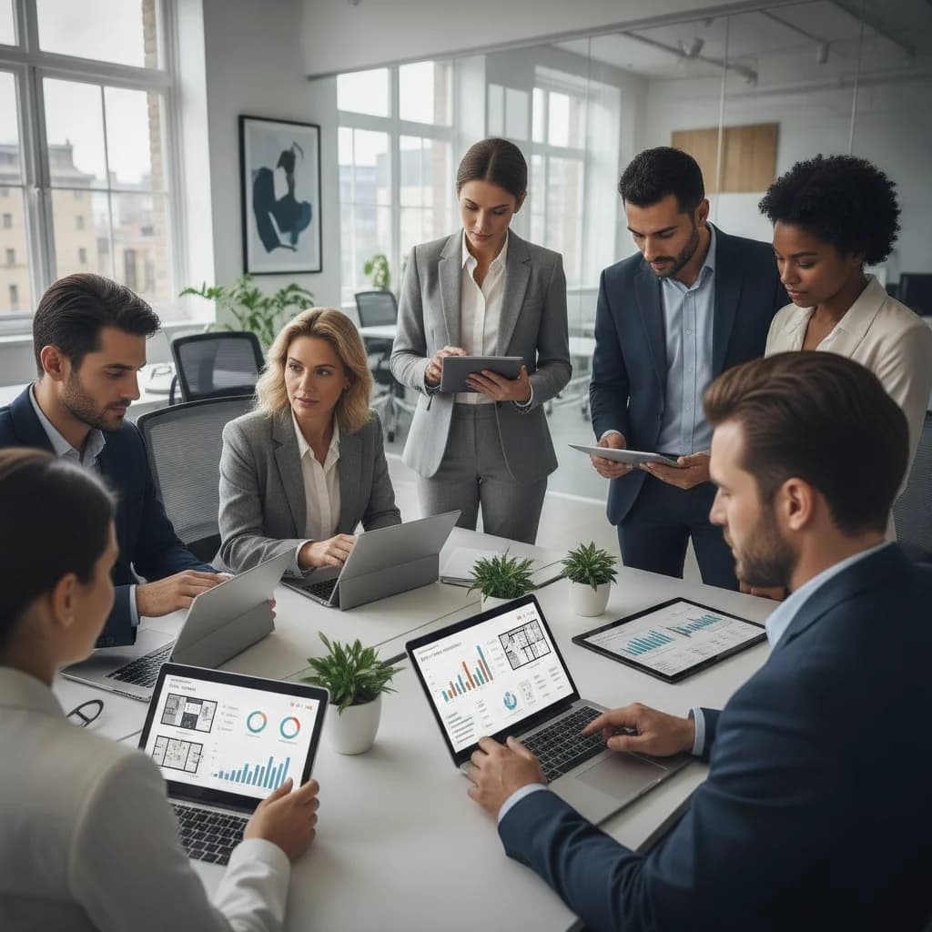 A diverse group of real estate professionals, both men and women, engaging with digital tablets and laptops, displaying various property listings and analytics dashboards, in a modern, well-lit office environment. The image should convey professionalism, technology, and collaboration, with no text overlays or competitors, and a clear, sharp focus.