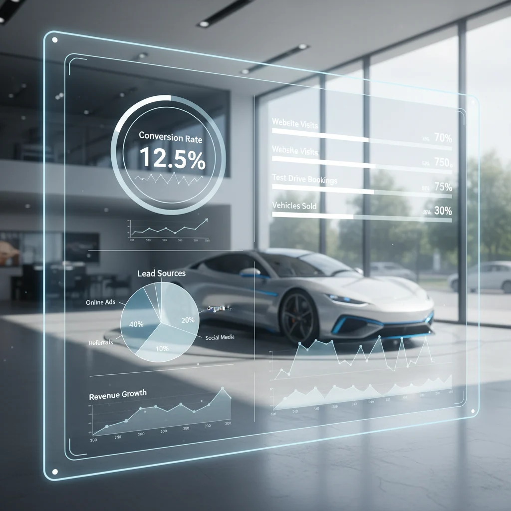 Modern, clean, digital interface for an automotive dealership website, showing conversion metrics and a car in the background, professional, high-tech, no text, no competitors, no low-lighting, no car crashes.