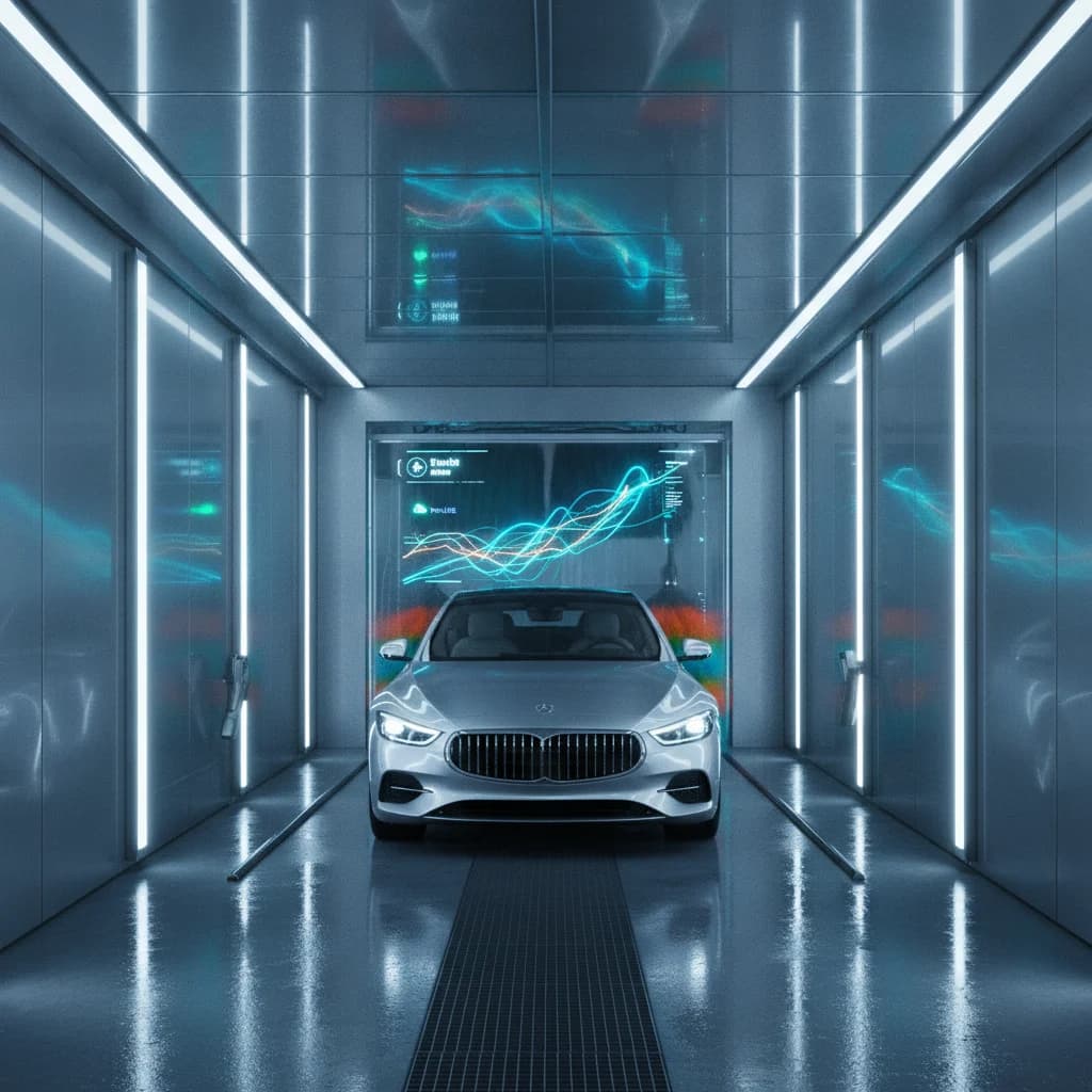 A modern, sleek car wash tunnel, sparkling clean, with vibrant, blurred motion of water and brushes. The foreground shows a clean, shiny car exiting the wash, gleaming under bright, clean lighting. The background is a sophisticated digital interface displaying SEO metrics like traffic and conversions, subtle and integrated, symbolizing automated growth and technology. The overall aesthetic is professional, clean, and futuristic, without any visible text or specific brand logos. The focus is on efficiency and results.
