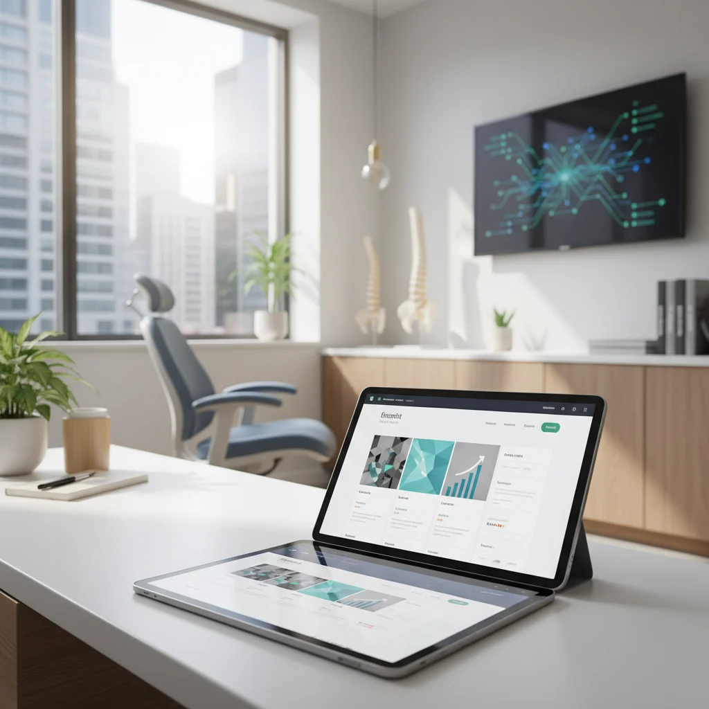 A modern, professional chiropractor's office with a sleek, user-friendly website displayed on a tablet. The image should convey growth and success, with a subtle digital marketing overlay, no text, no competitors, bright lighting.