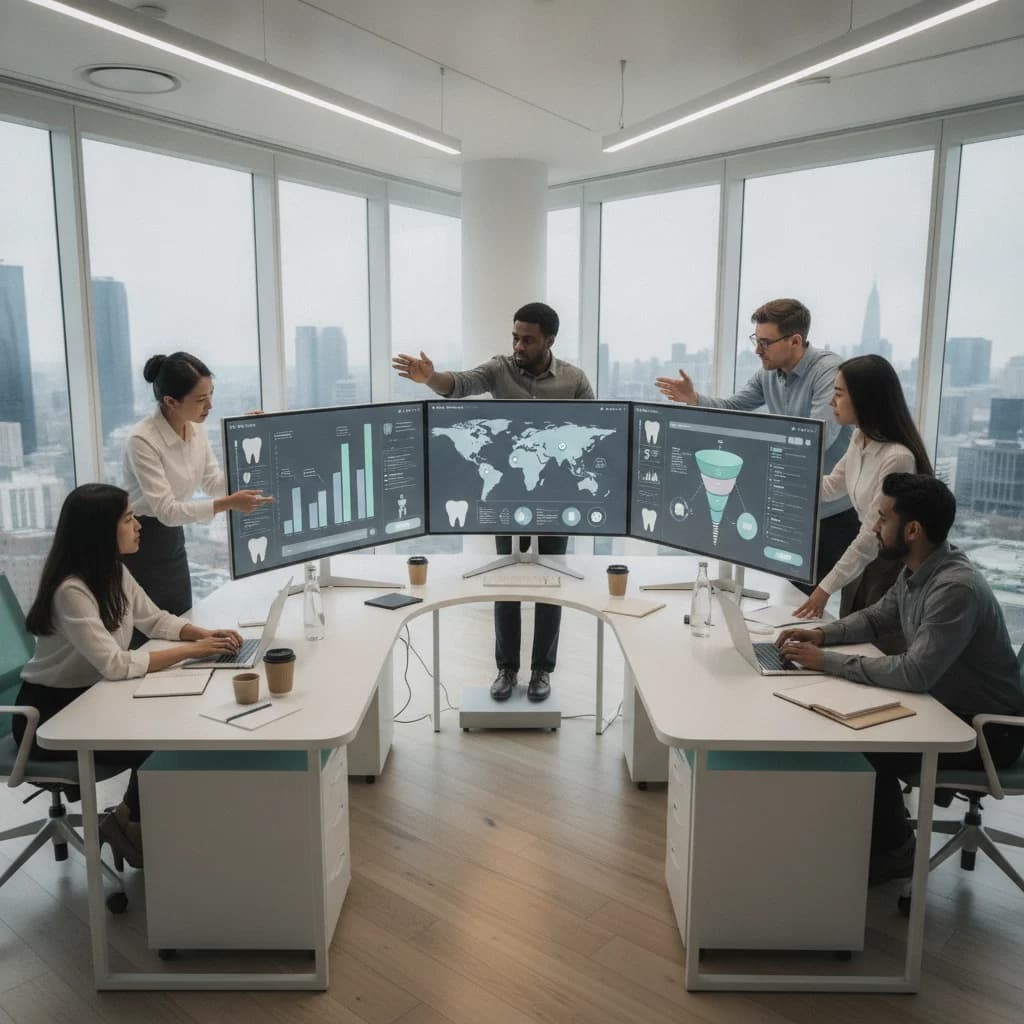 A diverse team of digital marketing professionals collaborating in a bright, modern office, reviewing analytics on multiple screens, with dental-themed icons subtly integrated into the UI elements. Emphasize teamwork and data-driven strategy, no text on screens, no competitors.