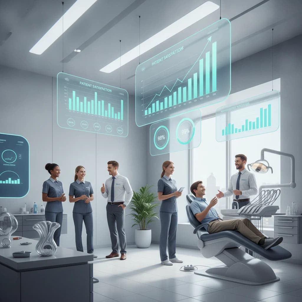 A conceptual image showing a modern, clean dental office with digital elements like floating screens displaying positive growth charts and patient engagement metrics. A diverse group of happy patients and a professional dental team are visible in the background, subtly interacting. The overall tone is bright, optimistic, and technologically advanced. No text, no competitors, no low-lighting, no scary instruments are present.