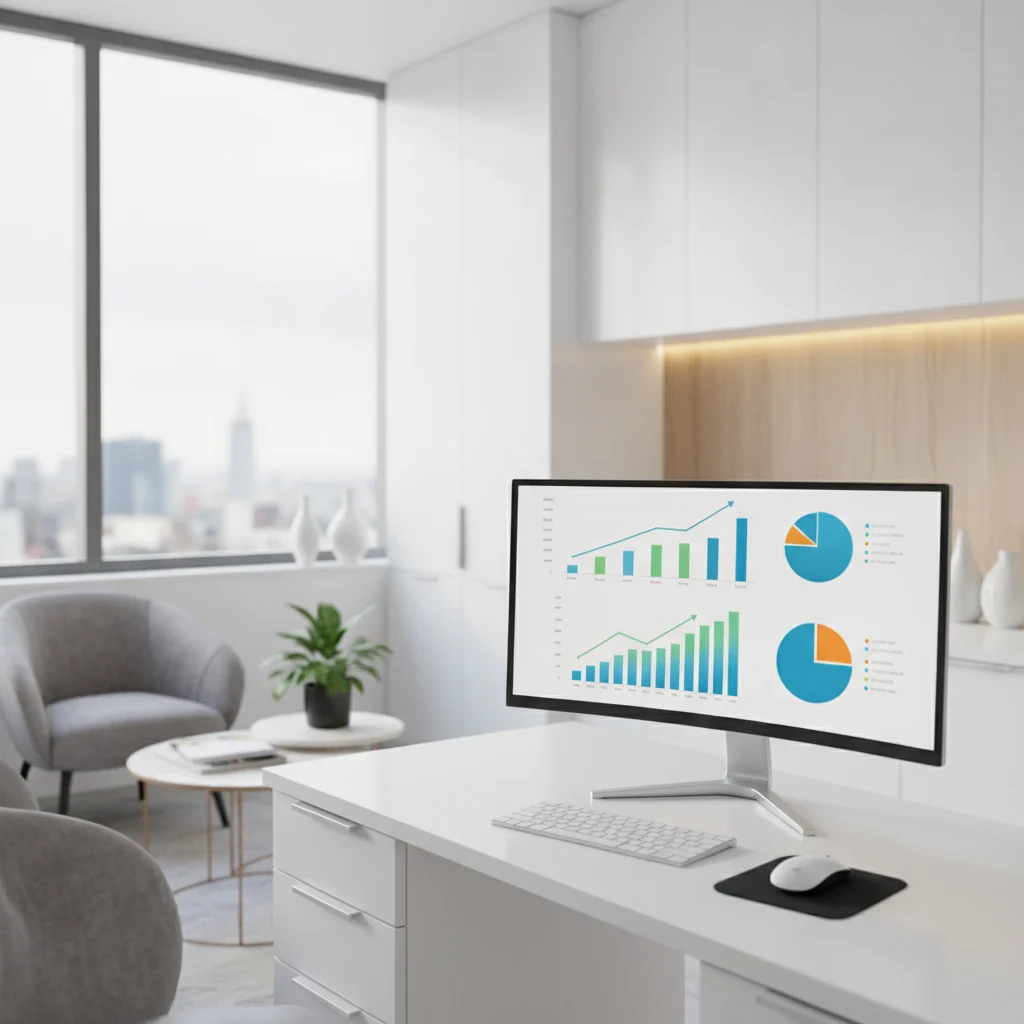 A bright, modern dental office setting with a computer screen displaying analytics and growth charts, subtly indicating digital marketing success. No text, no competitors, no low-lighting, no scary instruments, clean and professional aesthetic.