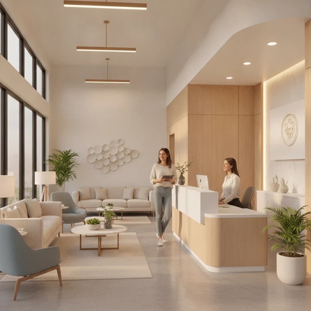 A professional, clean, and modern dental office lobby with a friendly receptionist smiling at a patient. The overall atmosphere is inviting and trustworthy. Focus on a warm, well-lit environment. No text in image, no competitors, no scary instruments.