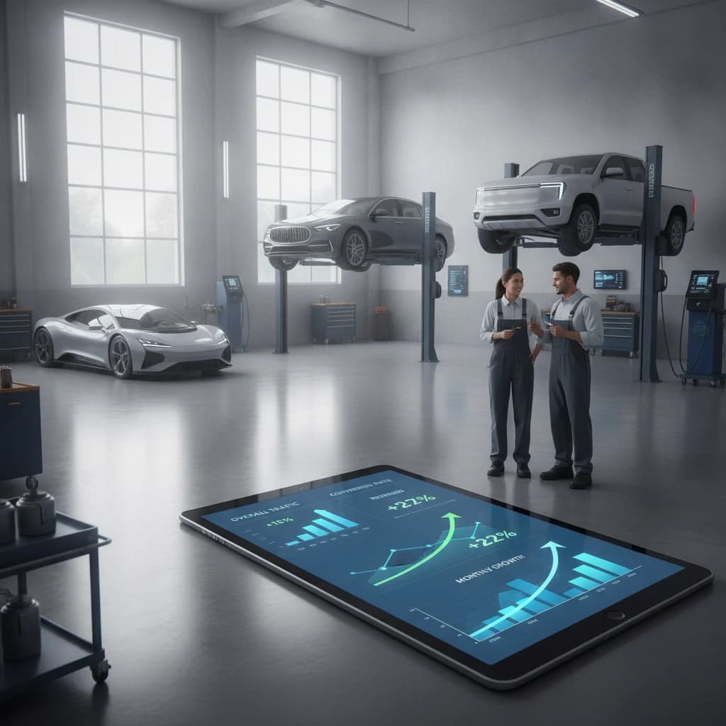 A modern, clean mechanic's garage with a tablet displaying digital marketing analytics, showing positive growth graphs. The scene is bright and professional, emphasizing technology and efficiency. No text in the image.