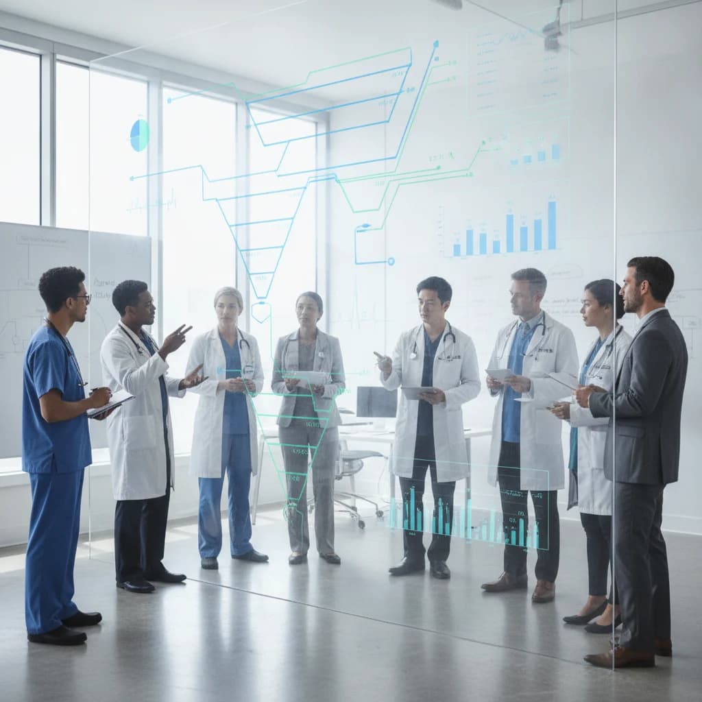 A diverse team of medical professionals and digital marketers collaborating around a large, transparent screen displaying patient acquisition funnels and conversion rate metrics. The scene is modern, bright, and professional, emphasizing data analysis and strategic planning. No text, no competitors, no low-lighting, no cartoonish needles, no emergency room chaos.