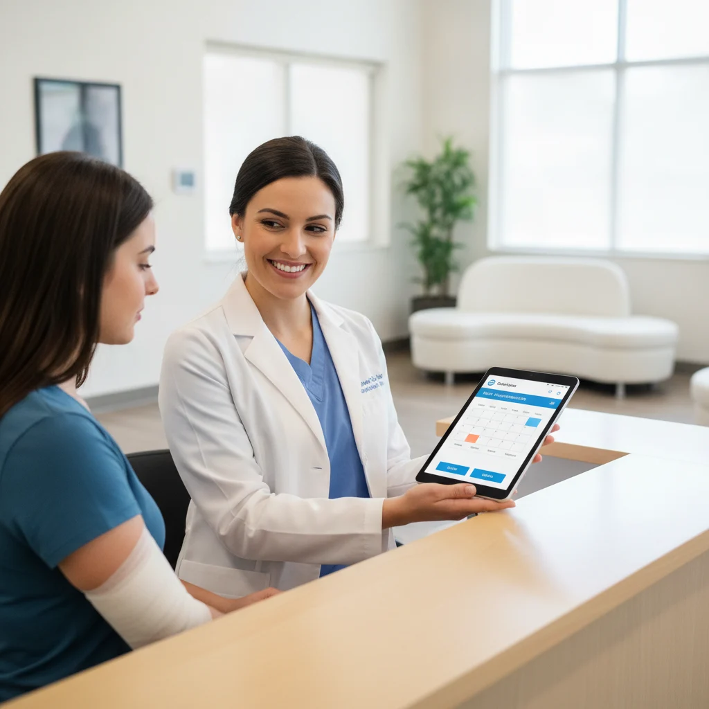 A clear, modern, and friendly medical professional (not a doctor) assisting a patient at an urgent care reception desk, with a digital tablet showing an online appointment booking screen. The scene is bright, clean, and welcoming, focusing on technology and patient care. No text in the image. No emergency room chaos.