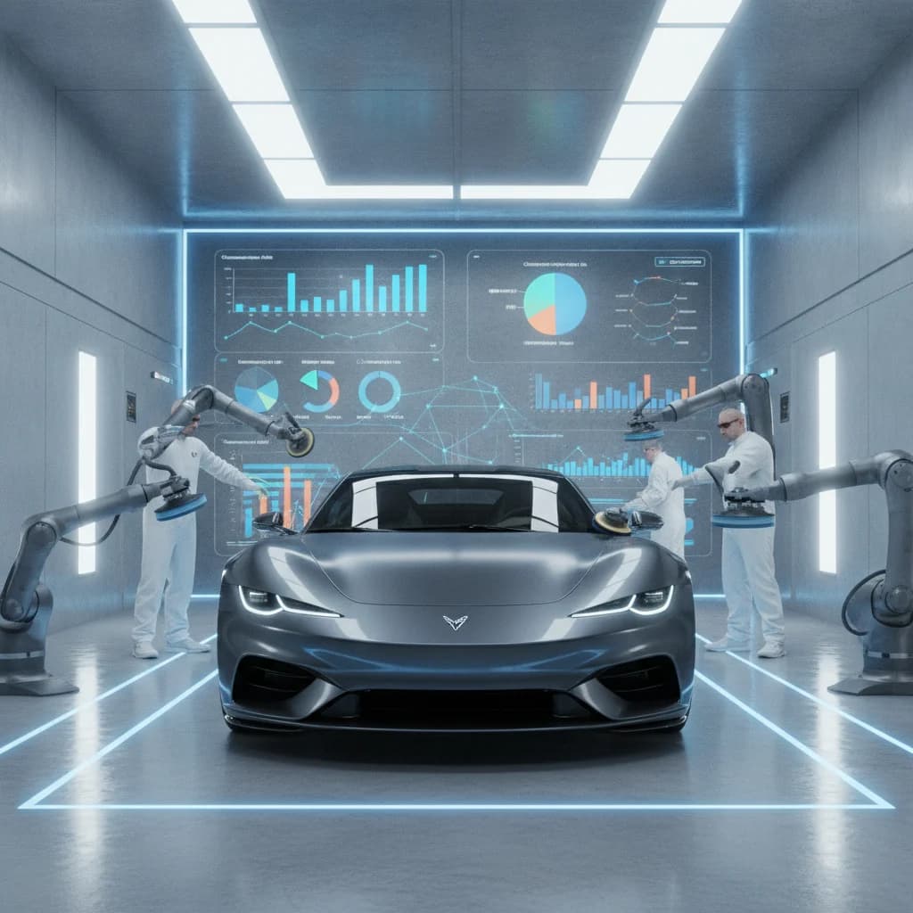 A sleek, modern car being meticulously detailed in a high-tech studio, with digital marketing analytics charts subtly overlaid in the background, symbolizing the blend of quality service and digital strategy. No text in image, no competitors, bright lighting.