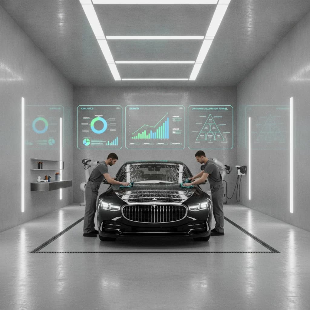 A sleek, modern auto detailing workshop with a clean car being meticulously detailed, surrounded by digital dashboards displaying growth charts, analytics, and customer acquisition funnels. The setting should be professional and high-tech, with no visible brand logos or text, and bright, even lighting.
