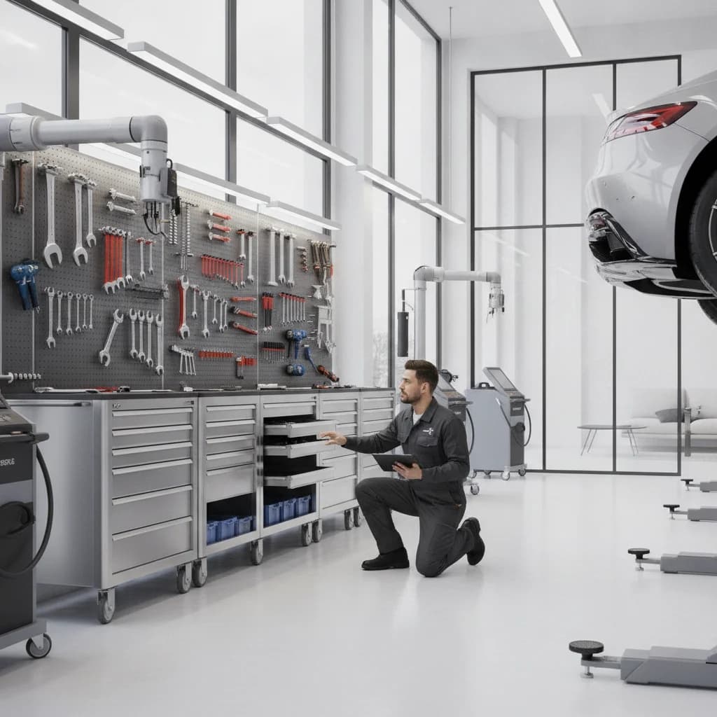 A modern, clean auto repair shop interior with a mechanic using a tablet, surrounded by well-organized tools and equipment. The lighting is bright and professional. No text, no competitors, no dirty environments.