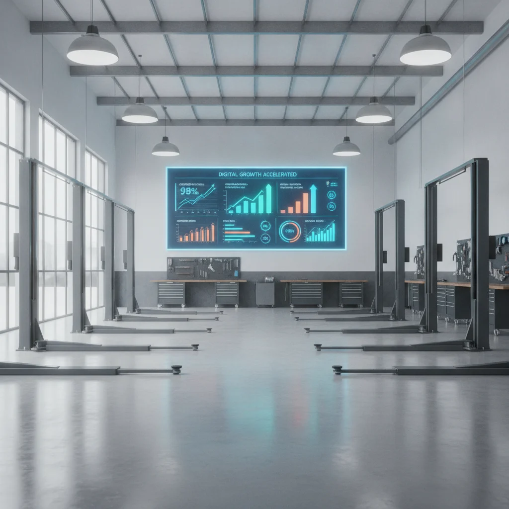 A clean, modern auto repair shop with a digital dashboard displaying positive marketing analytics, bright lighting, no people, no brand logos, representing scalable digital growth.