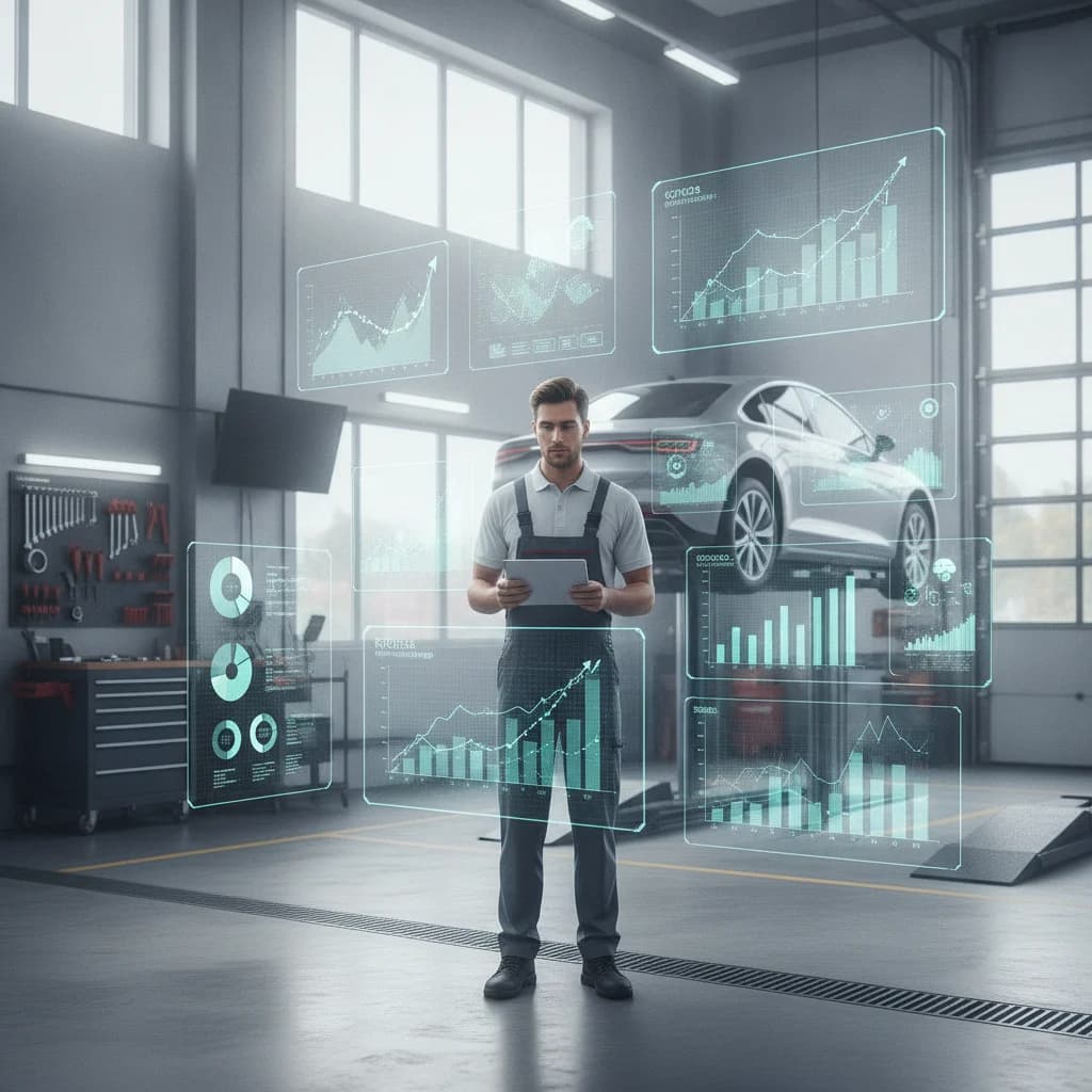 A modern, clean auto repair shop bay with a technician looking at a tablet, surrounded by digital graphs and charts symbolizing SEO success and customer growth. The image should be bright, professional, and convey expertise without text or competitors.