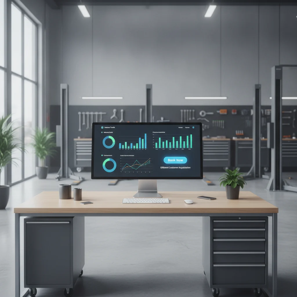 A sleek, modern auto repair shop interior with a high-tech computer screen on a desk displaying website analytics charts and a 'Book Now' button, symbolizing digital growth and efficient customer acquisition. Bright, clean environment, no people, no brand logos.