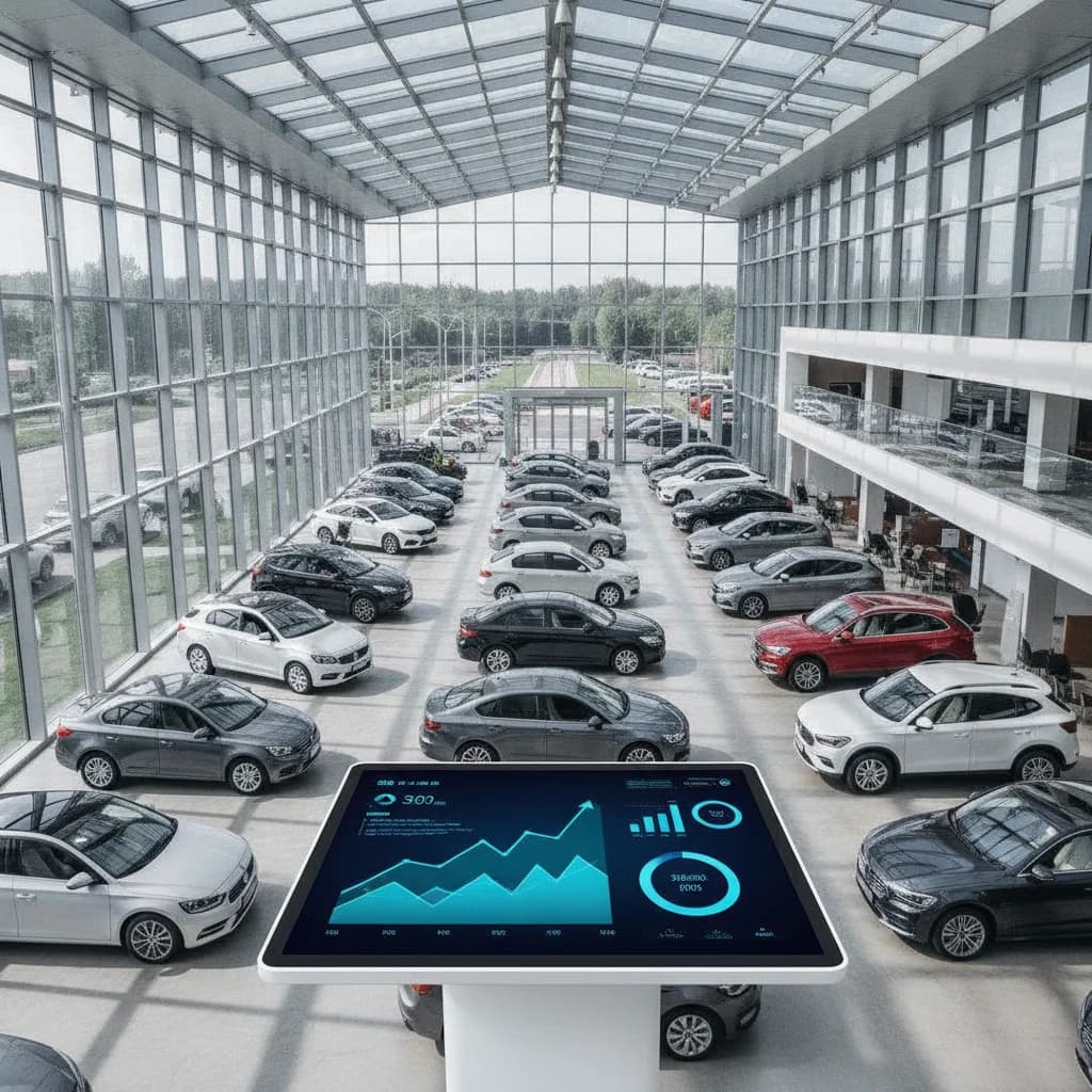 A dynamic, high-angle shot of a modern car dealership showroom, brightly lit with natural light, showcasing several new cars. In the foreground, a digital dashboard displaying Google Ads performance metrics with upward trending graphs. The overall scene conveys success, technology, and automotive sales, without any text, competitors, low-lighting, or car crashes.