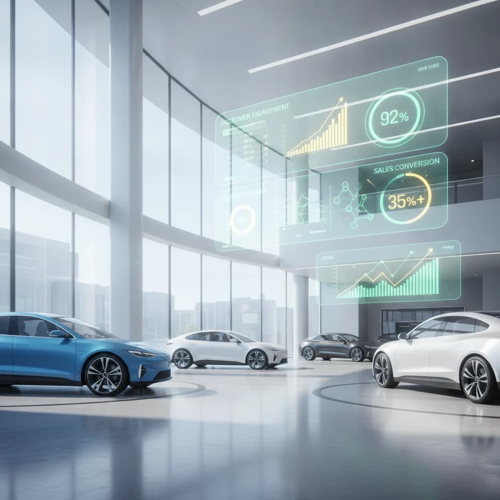 A vibrant, detailed illustration of a modern car dealership showroom with digital analytics dashboards overlaid, showing upward trending graphs and customer engagement metrics. The scene is bright and dynamic, conveying success and technological advancement in automotive marketing. No text, no specific car brands, no competitors, no low-lighting, no car crashes.