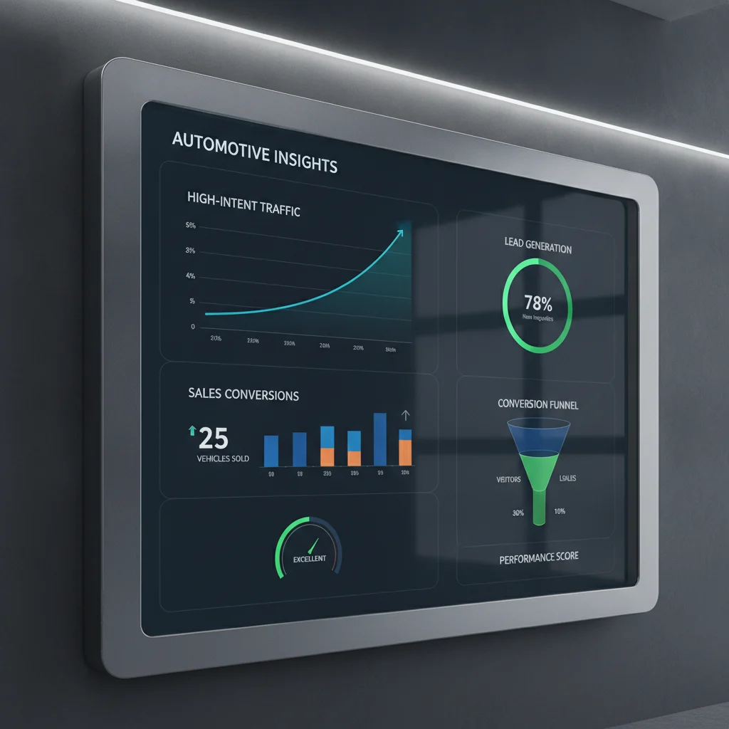 A detailed, modern, and sleek digital dashboard showing website analytics and lead conversion metrics, specifically tailored for an automotive dealership. The dashboard displays graphs of high-intent traffic, lead generation, and sales conversions. The overall aesthetic is professional, clean, and forward-thinking, emphasizing data-driven success. No text in the image, no competitors, no low-lighting, no car crashes.