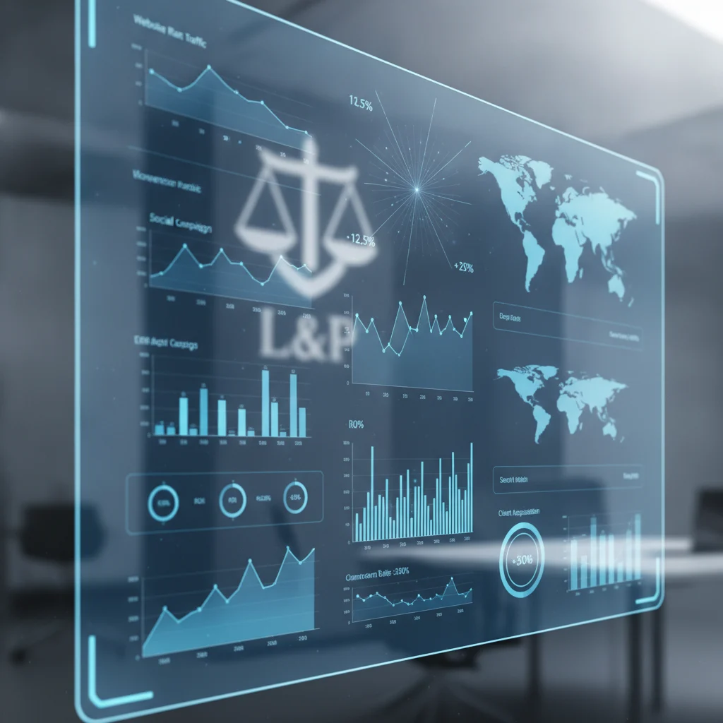 A professional, modern digital marketing dashboard displaying analytics and conversion metrics, with a subtle legal firm logo in the background, no text overlays, no competitors, bright lighting, high-tech aesthetic.