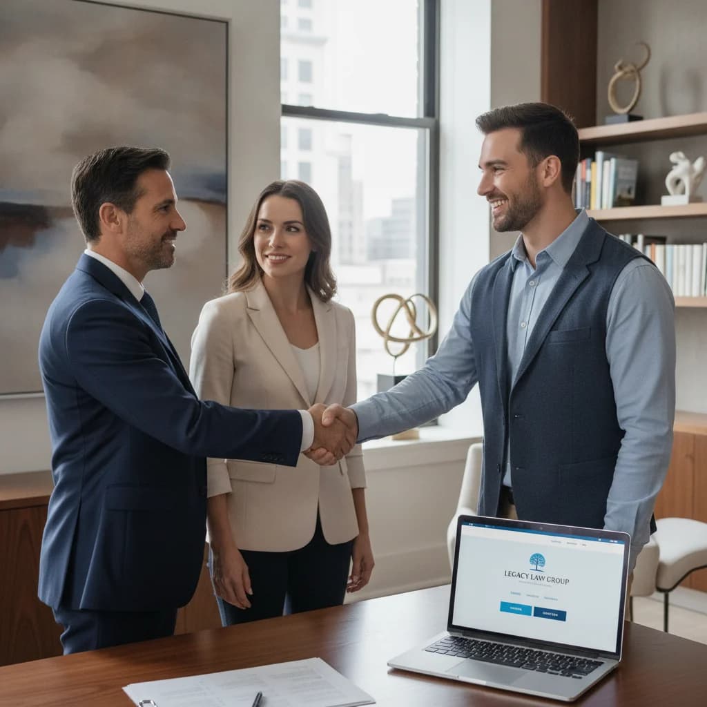 A professional estate planning attorney, a man in his late 40s with a warm, confident expression, shaking hands with a younger couple in a modern, well-lit office. A laptop on the desk displays a professional, clean website design with an intuitive interface. The scene conveys trust, expertise, and successful client acquisition, without any text overlays.