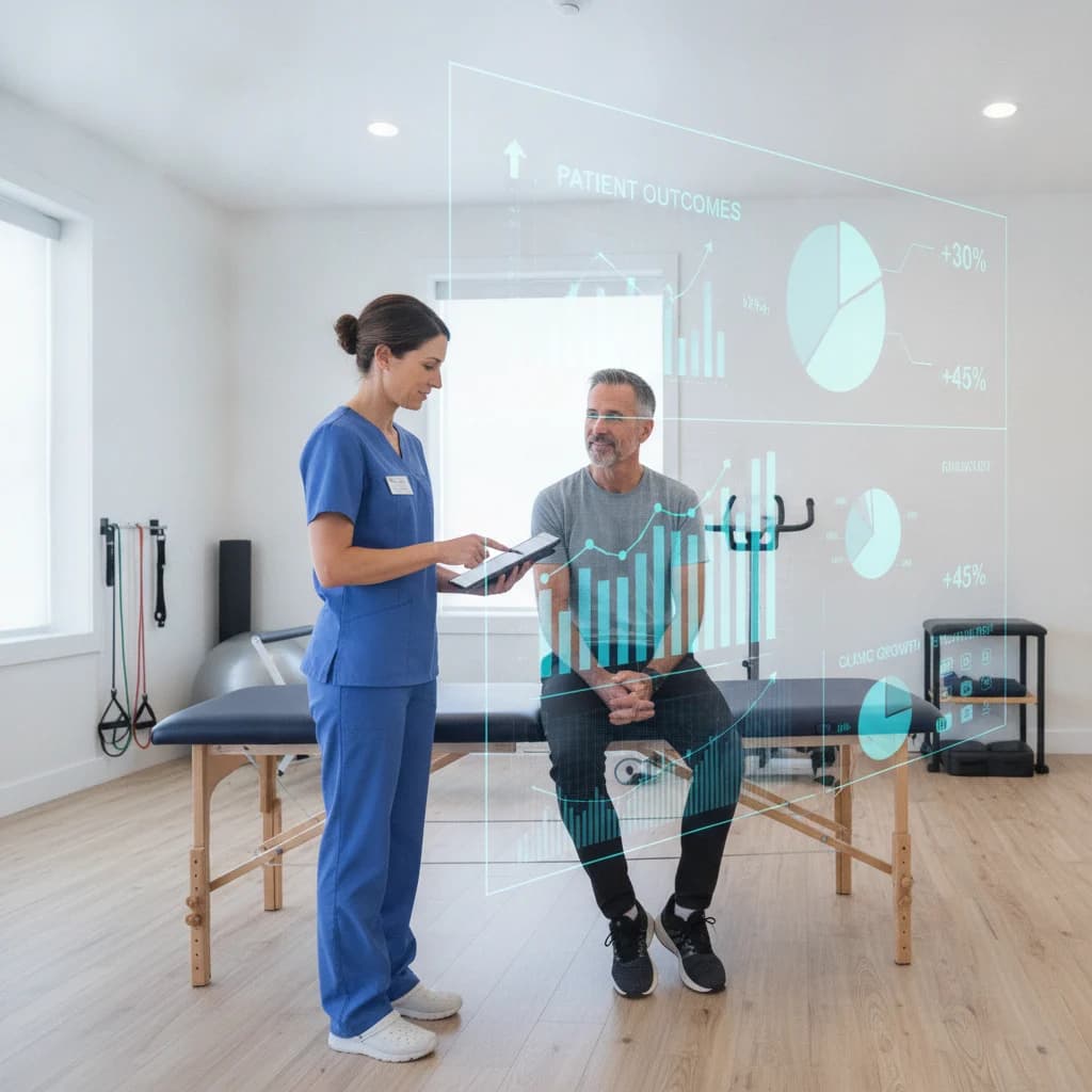 A professional physical therapist consulting with a patient in a modern, clean clinic setting, with a subtle overlay of digital marketing charts and graphs indicating growth and data analysis. The image should convey trust, expertise, and digital innovation, with bright, natural lighting.