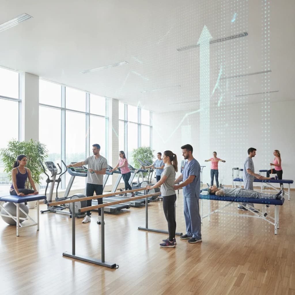 A diverse group of physical therapists and patients engaging in rehabilitation exercises in a modern, well-lit clinic. Subtle digital marketing analytics graphs float in the background, representing data-driven growth. No text, no competitors, bright and professional atmosphere.