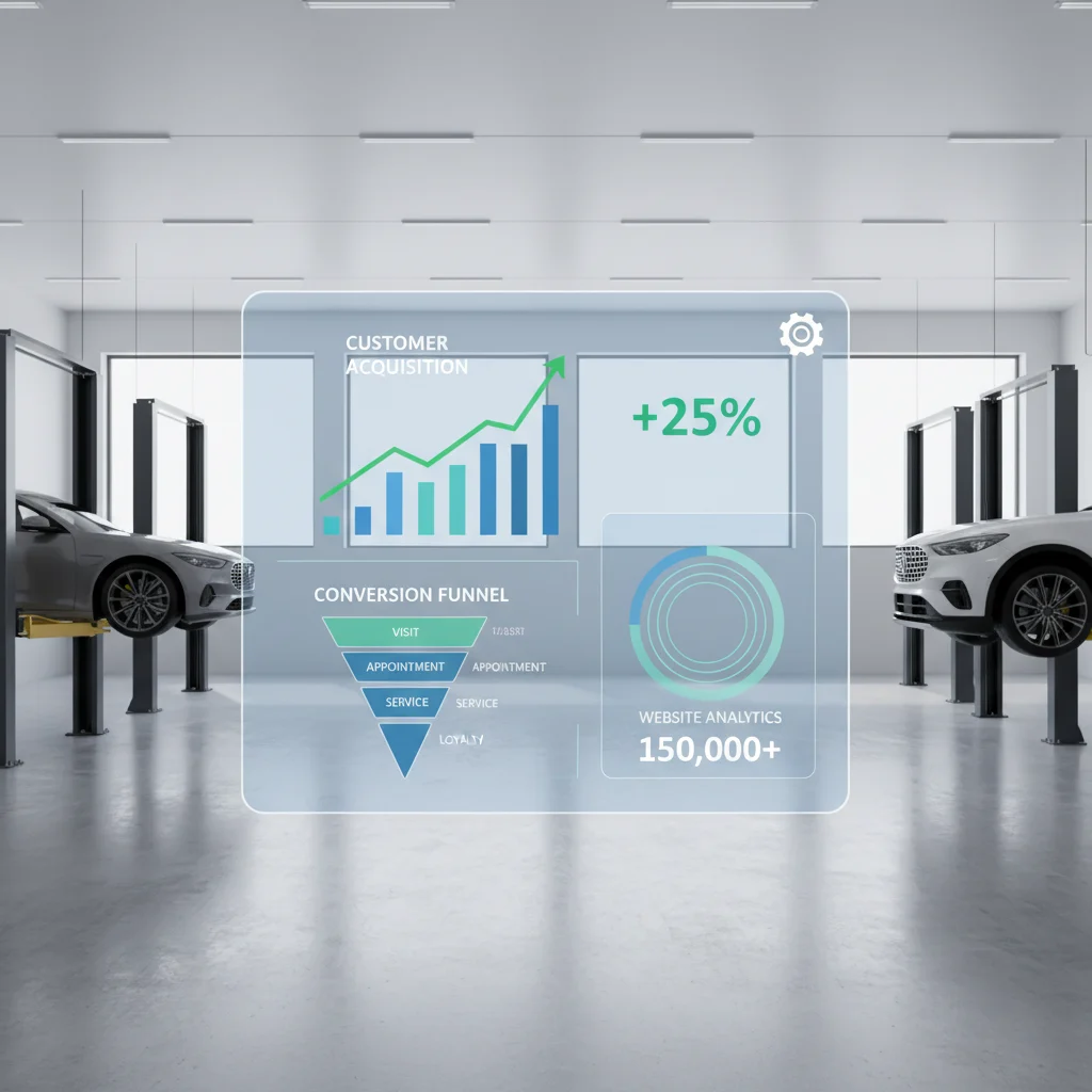 A modern, clean mechanic shop interior with a digital overlay showing website analytics and conversion funnels, indicating growth and customer acquisition. Bright lighting, no text in the image, no identifiable competitors.