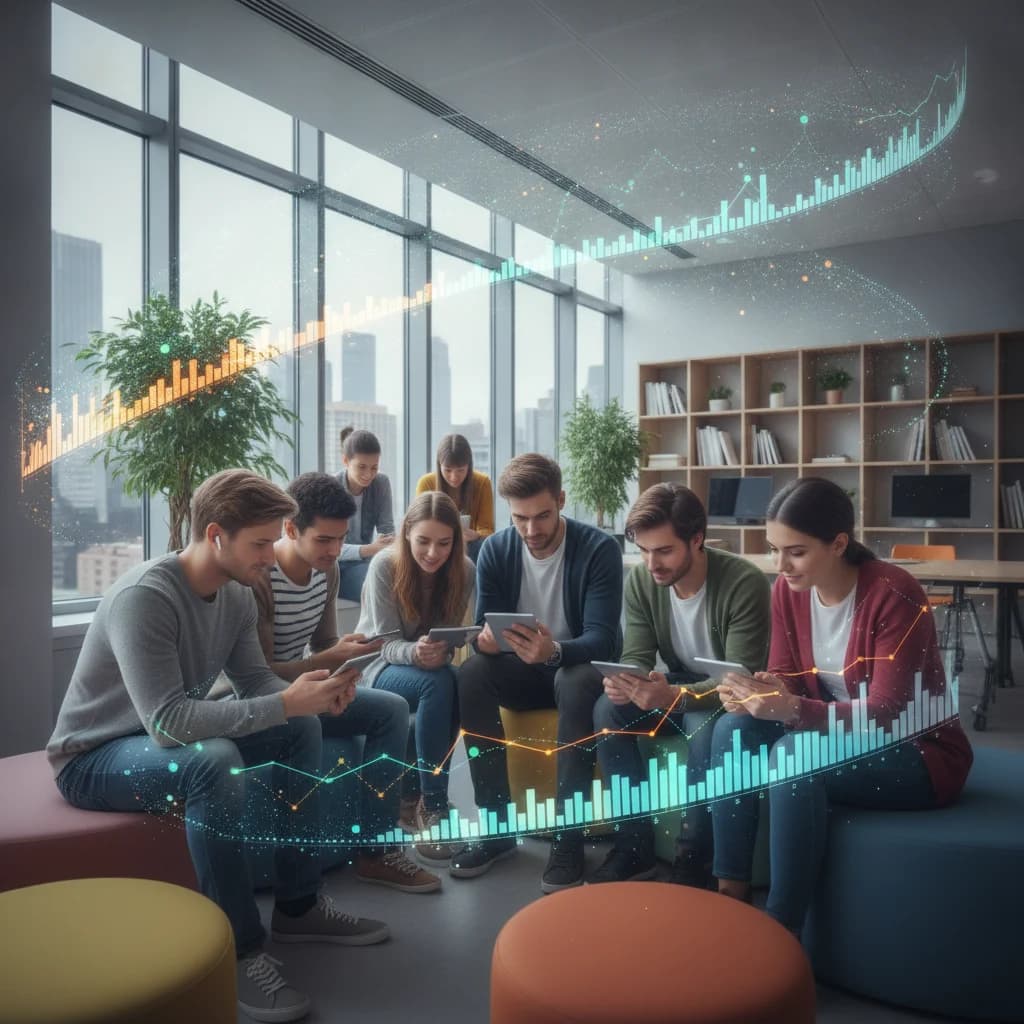 A diverse group of students, subtly engaged with digital devices, with abstract, modern digital marketing elements (like subtle charts or data visualizations) floating around them. The scene is bright, optimistic, and contemporary, avoiding any text overlays or low lighting. Focus on dynamic learning environments.
