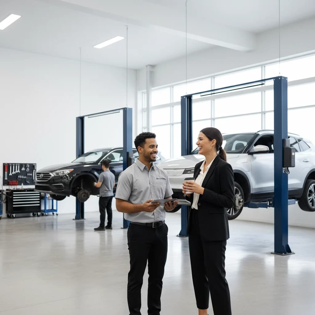 A modern, clean automotive service bay with a technician smiling at a customer, illustrating efficient service and customer satisfaction. The scene is bright and professional, with no text or competitors visible.