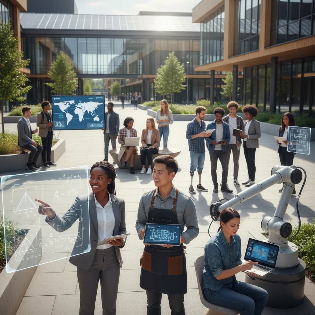 A diverse group of students, subtly representing different educational paths (e.g., traditional, vocational, private), looking engaged and optimistic while interacting with digital learning tools or a modern campus setting. The image should be bright, professional, and convey growth and modern education without text overlays or outdated elements.