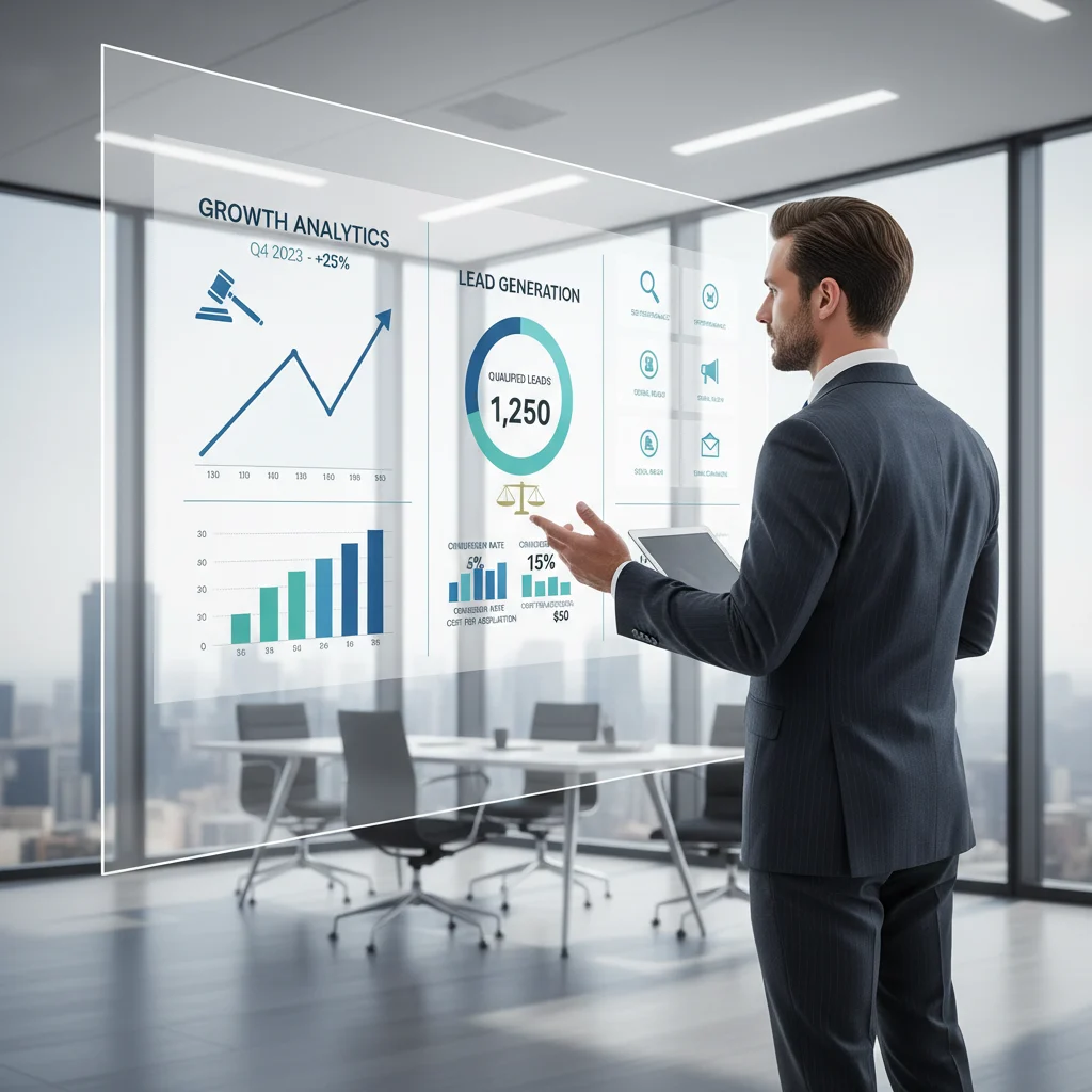 A professional and modern digital marketing dashboard displaying analytics, growth charts, and lead generation metrics, with a subtle legal theme implied by a well-dressed professional reviewing data, bright and clear lighting, no text overlays, no competitors, dynamic composition.