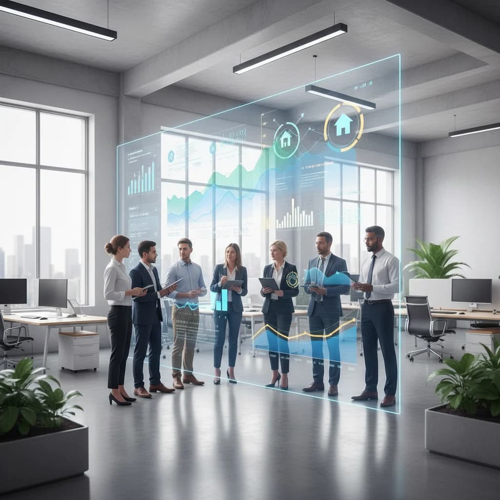 A modern, high-tech office environment with diverse professionals collaborating around a large screen displaying real estate market analytics and growth charts. The scene is bright, professional, and shows a focus on digital strategy and success, no text, no competitors, no low-lighting, no blurred listings.