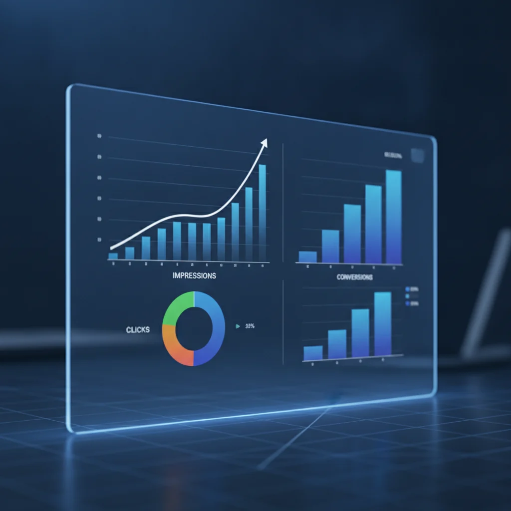 A modern, high-tech dashboard displaying social media advertising analytics with various charts and graphs, showing performance metrics like impressions, clicks, and conversions. The dashboard is clean, professional, and visually engaging, without any text. No competitors, no low-lighting.