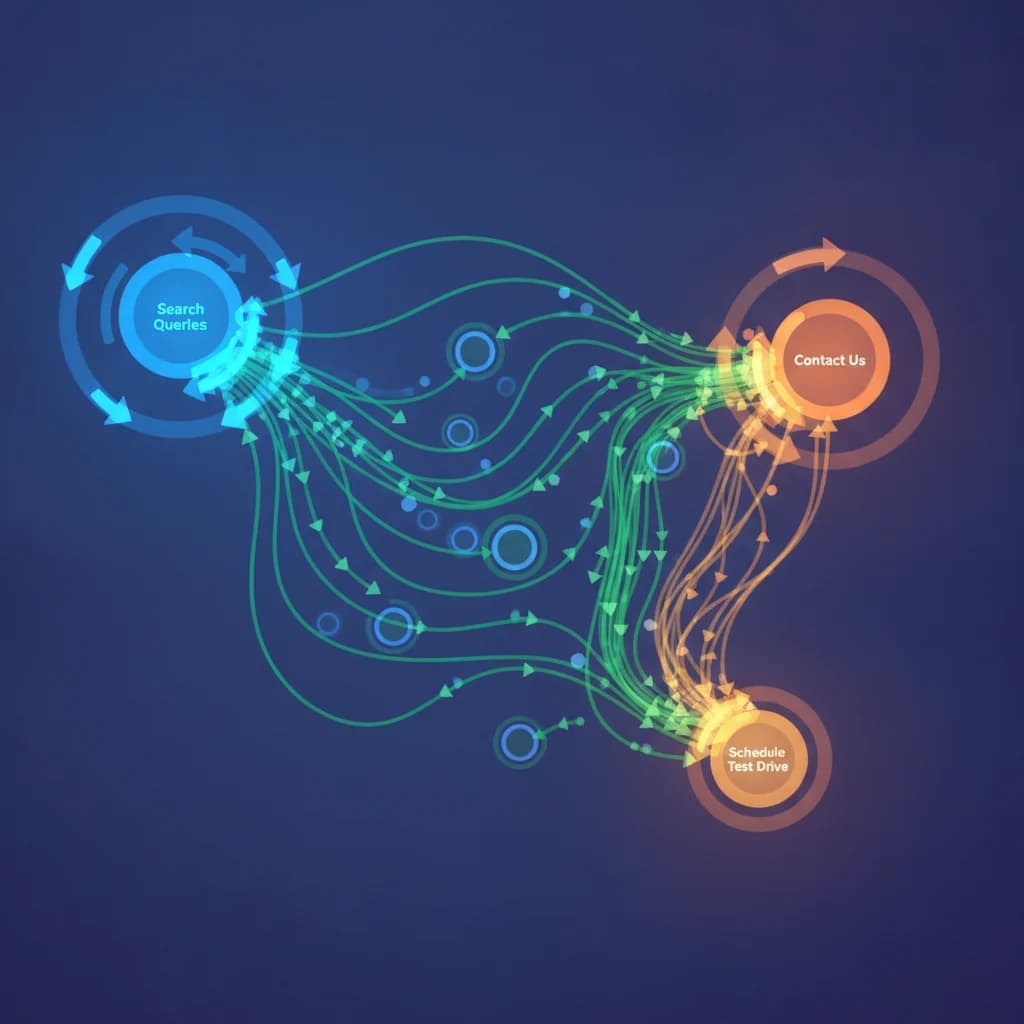A detailed, abstract digital map showing user journeys on a website, with arrows indicating paths from search queries to conversion points like 'contact us' or 'schedule test drive'. The map should be clean, modern, and visually represent data flow, with no text, no competitors, no low-lighting, and no car crashes.