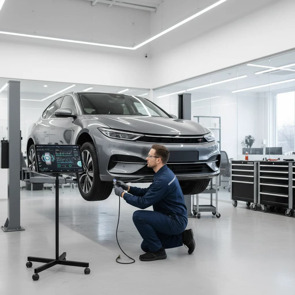 A bright, modern auto repair shop with a clean bay. A skilled technician is carefully inspecting a tire on a vehicle lift, with a digital tablet displaying vehicle diagnostics in the foreground. The scene is well-lit and professional, emphasizing expertise and technology. No text in the image, no low-lighting, no competitors, no scrap yards.