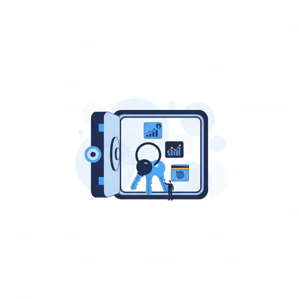 A set of keys and an open vault holding account, analytics and domain tiles