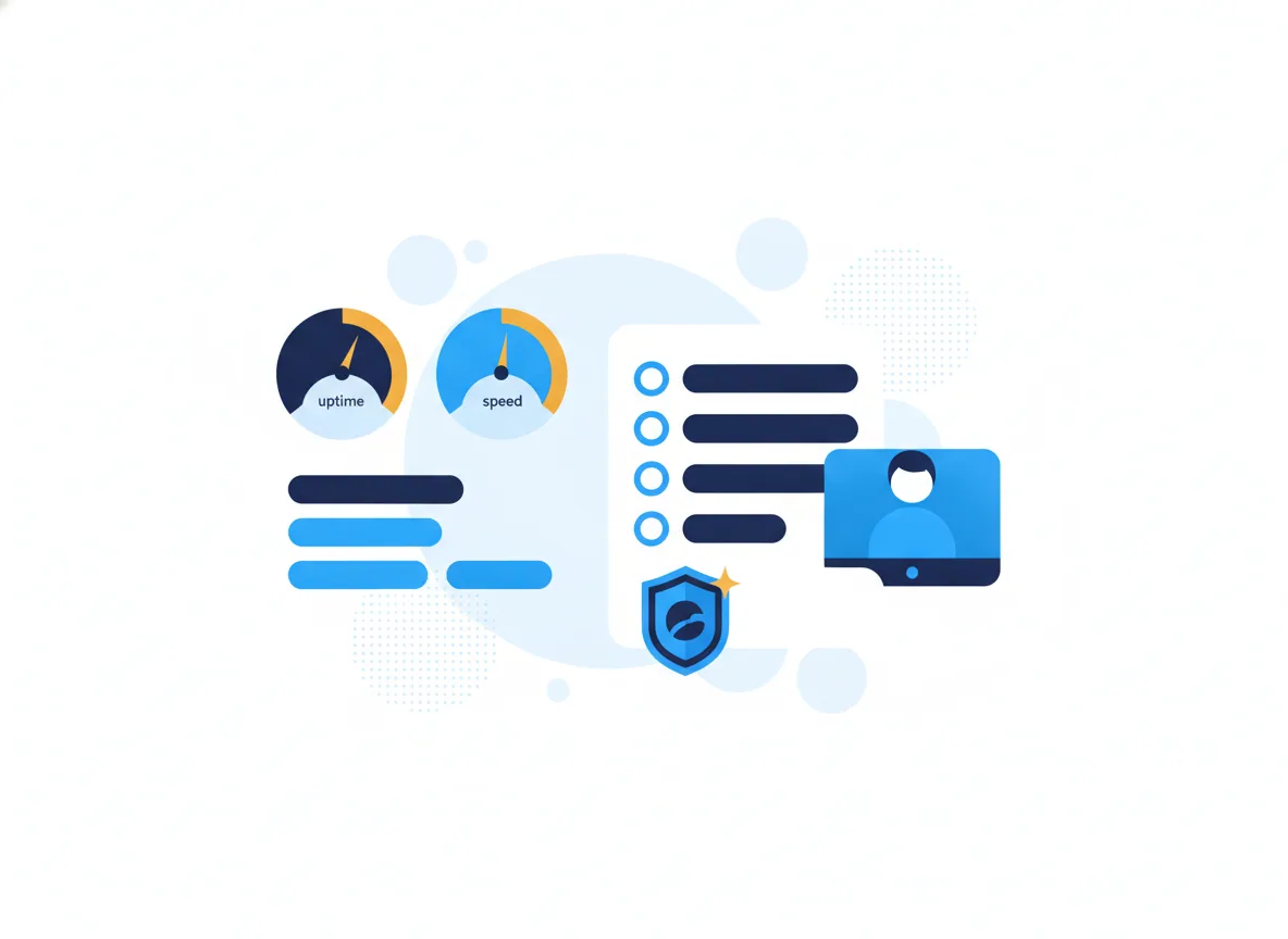 Illustration of a website care dashboard with uptime and speed gauges, a monthly checklist and a security shield, for an auto-detailing and car-wash business