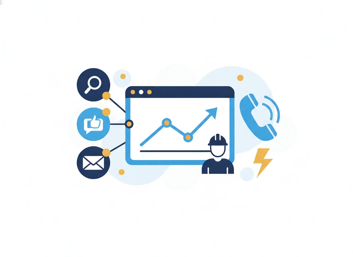 Illustration of search, social and email channels feeding one dashboard with a rising revenue curve, for an electrical contractor